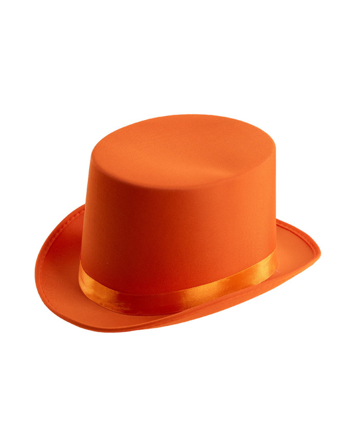 Haut-de-forme en satin et feutre orange fluo, h. 12 cm env. (taille 58), avec étiquette volante