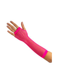 Gants rose fluo en résille (mitaines), dans un sachet avec étiquette ferme-sachet