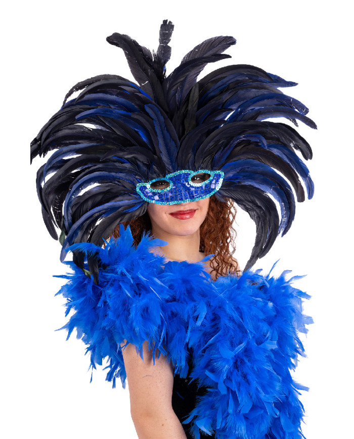 Copricapo brasil in piume blu con maschera in busta con cavallotto