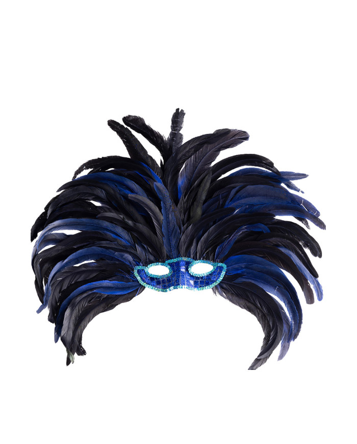 Couvre-chef brésilien plumes bleues avec masque, dans un sachet avec étiquette ferme-sachet