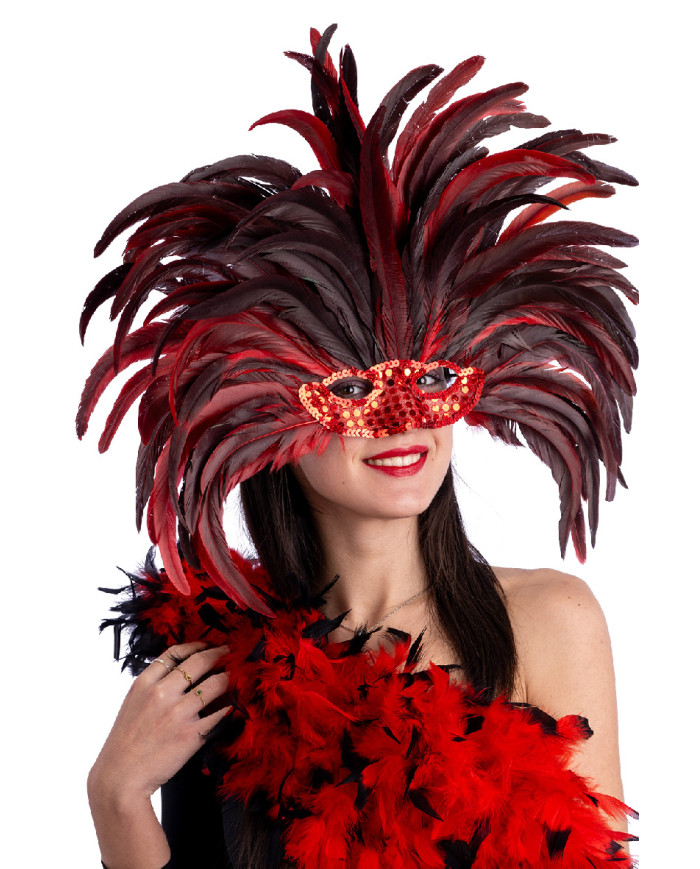 Copricapo brasil in piume rosse con maschera in busta con cavallotto