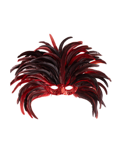 Copricapo brasil in piume rosse con maschera in busta con cavallotto