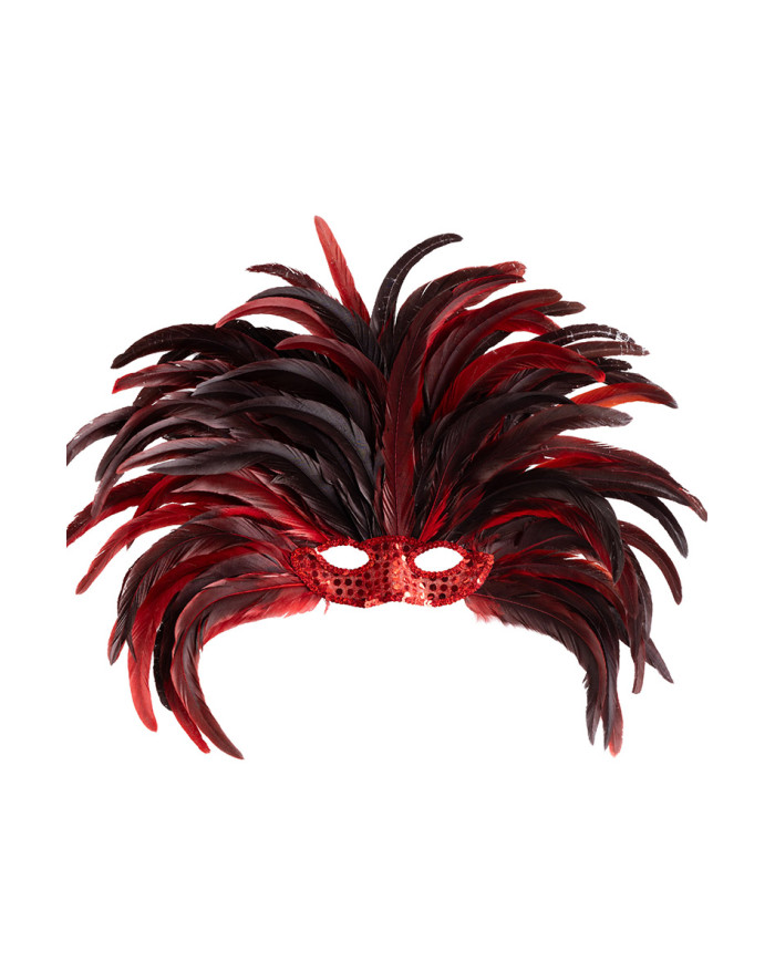Couvre-chef brésilien plumes rouges avec masque, dans un sachet avec étiquette ferme-sachet