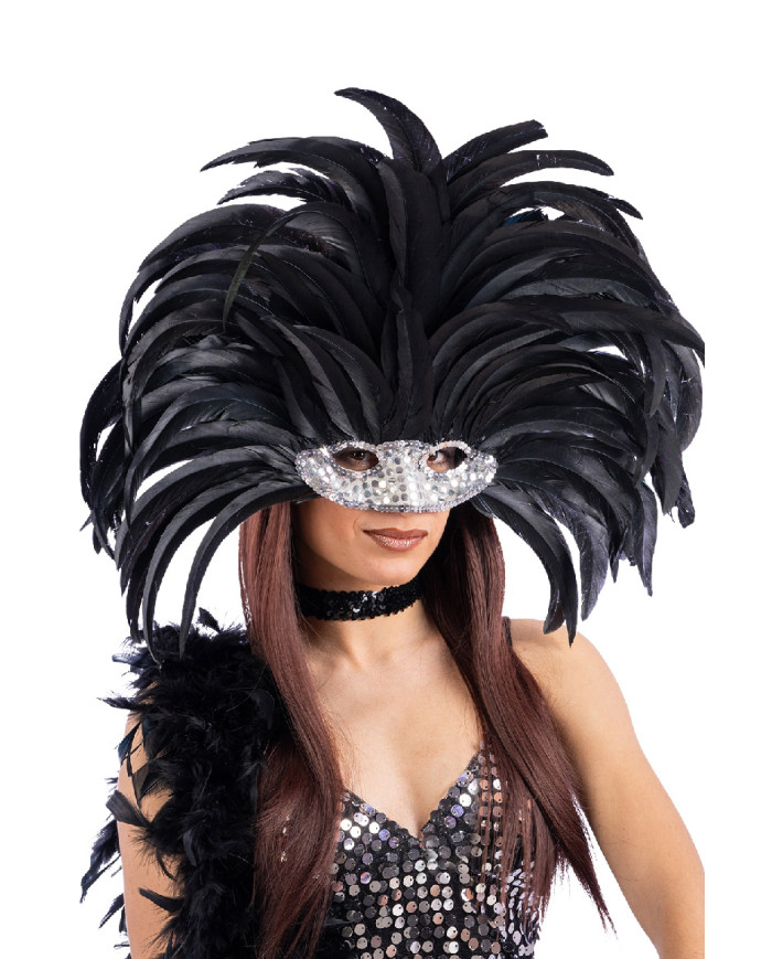 Couvre-chef brésilien plumes noires avec masque, dans un sachet avec étiquette ferme-sachet