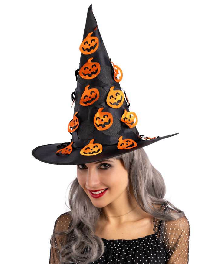 Sombrero de bruja negro con calabazas recortadas de 37 cm de alto aprox. con etiqueta colgante/etiqueta adhesiva