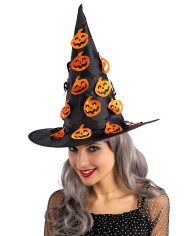Chapeau noir sorcière avec citrouilles sculptées, h. 37 cm env., avec étiquette volante / étiquette