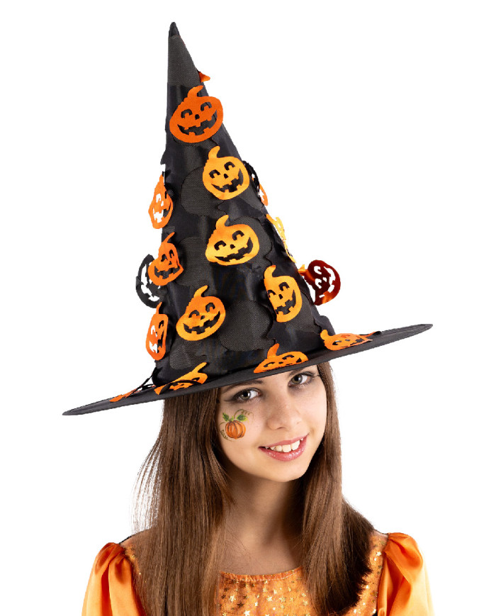 Witch black hat with carved pumpkins h.cm. 37 with label