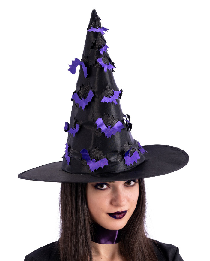 Sombrero de bruja negro con murciélagos recortados de 37 cm de alto aprox. con etiqueta colgante/etiqueta adhesiva