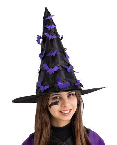 Chapeau noir sorcière avec chauves-souris sculptées, h. 37 cm env., avec étiquette volante / étiquette