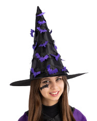 Schwarzer Hexenhut mit eingeschnitzten Fledermäusen, ca. 37 cm hoch mit Pappschild/Etikett