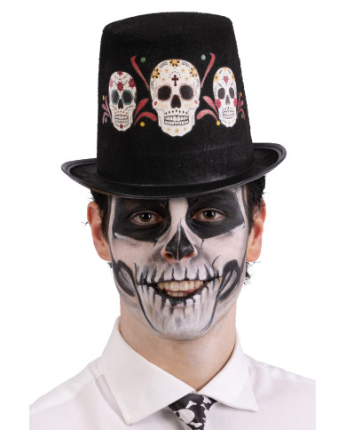 Felt black top hat with mexican skulls prints h.cm. 14  with label