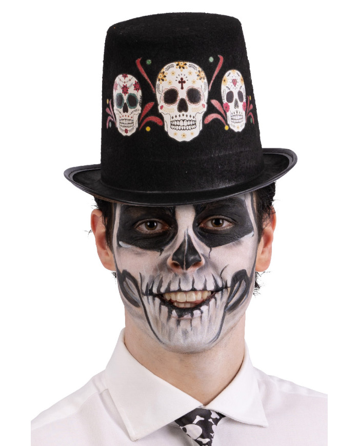 Felt black top hat with mexican skulls prints h.cm. 14  with label