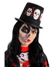Sombrero de copa alta negro de fieltro con estampados de calaveras mexicanas de 14 cm de alto aprox. con etiqueta colgan...