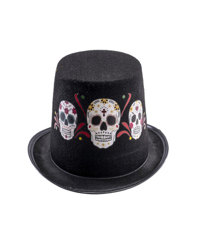 Felt black top hat with mexican skulls prints h.cm. 14  with label