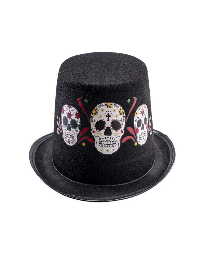 Grand haut-de-forme noir en feutre, avec têtes de mort mexicaines imprimées, h. 14 cm env., avec étiquette volante ...