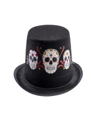 Felt black top hat with mexican skulls prints h.cm. 14  with label