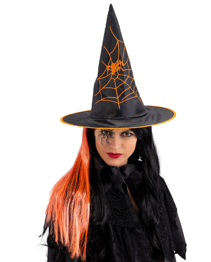 Cappello strega in tessuto plastificato con capelli arancioni h.cm.35 ca. con cartellino/etichetta