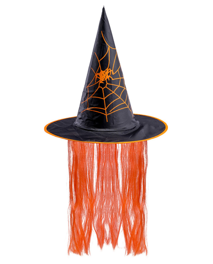 Sombrero de bruja de tela plastificada con pelo naranja de 35 cm de alto aprox. con etiqueta colgante/etiqueta adhesiva