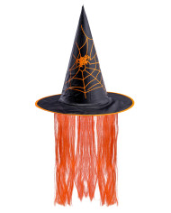 Chapeau sorcière en tissu plastifié avec cheveux oranges, h. 35 cm env., avec étiquette volante / étiquette