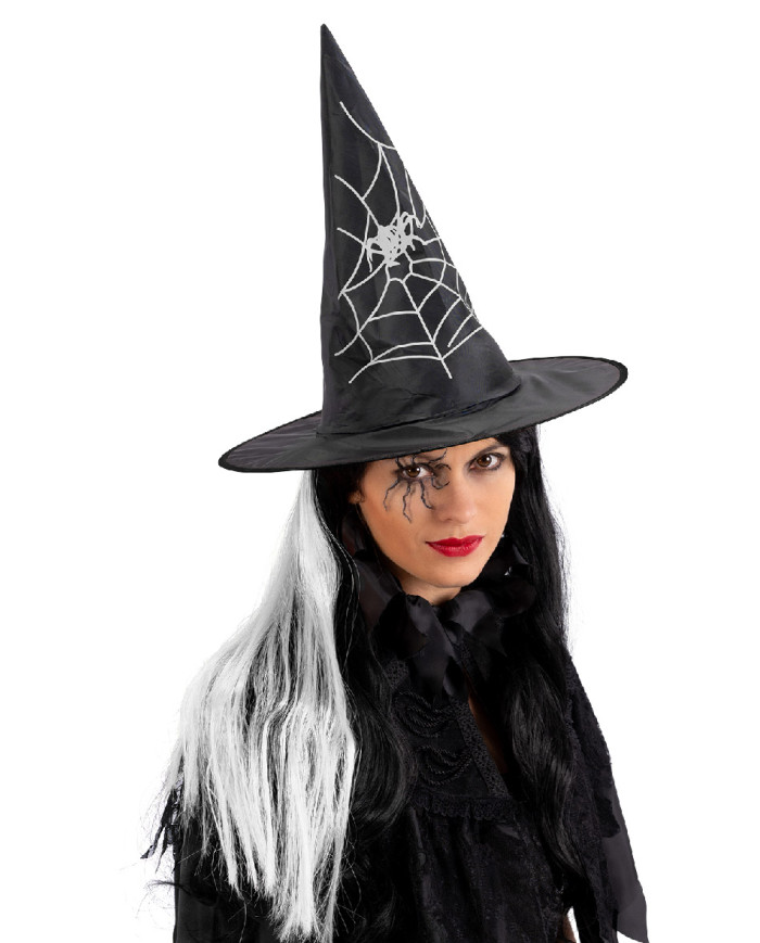 Witch hat with white/black hair in plastic fabric h. cm.35 with label