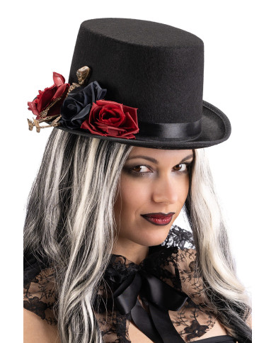 Black top hat in felt with skeleton and roses h. cm. 12 with label