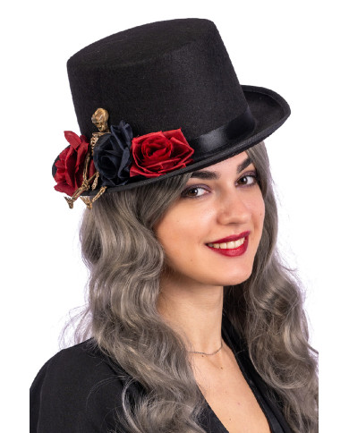 Sombrero de copa alta negro lujo de fieltro con esqueleto y rosas de 12 cm de alto aprox. con etiqueta colgante/etiqueta...