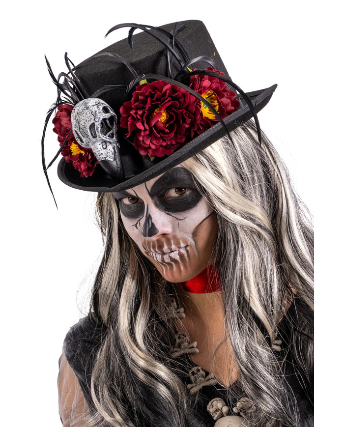 Sombrero de copa alta negro lujo de fieltro con calavera y adornos burdeos de 12 cm de alto aprox. con etiqueta colgante...