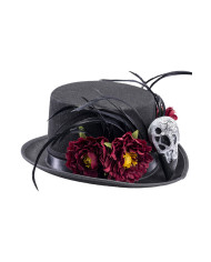 Schwarzer Luxus-Zylinder aus Filz mit Skelett und Rosen in Bordeaux, ca. 12 cm hoch mit Pappschild/Etikett