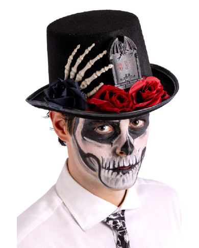 Sombrero de copa alta negro lujo de fieltro con lápida y mano de esqueleto de 14 cm de alto aprox. con etiqueta colgant...