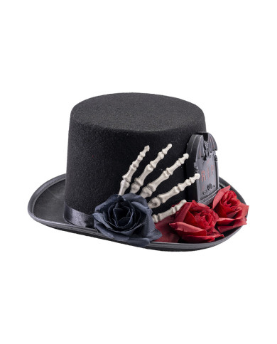 Black top hat in felt with skeleton hand and tombstone h. cm. 14 with label
