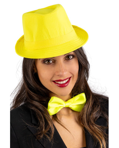 Chapeau gangster jaune fluo en tissu, avec étiquette volante / étiquette