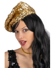 Béret basque doré à paillettes, avec étiquette volante / étiquette