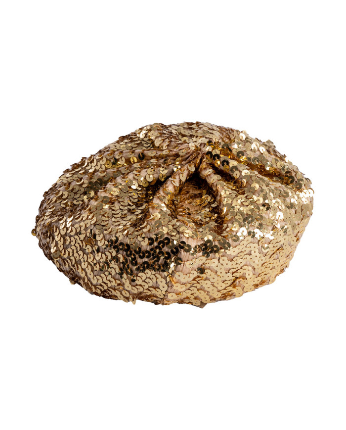 Béret basque doré à paillettes, avec étiquette volante / étiquette