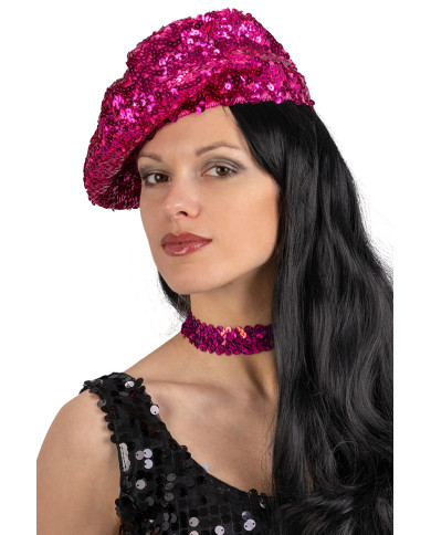 Cappello basco rosa fluo in paillettes  con cartellino/etichetta
