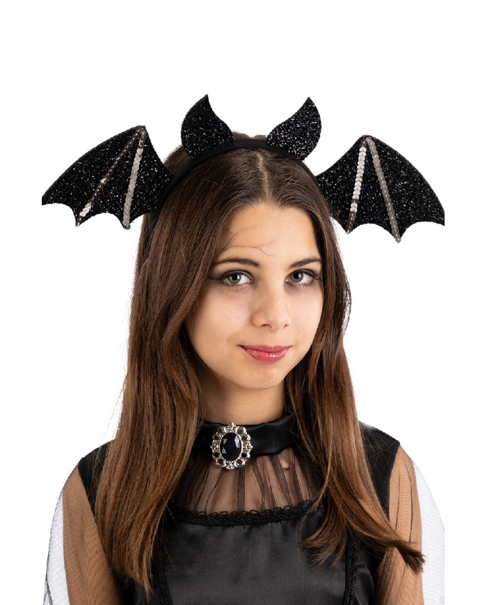 Black bat headband in enbossed fabric with header