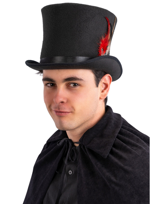 Sombrero de copa alta lujo negro de fieltro de lana con plumas de 19 cm de alto aprox. (t. 60) con etiqueta colgante/eti...