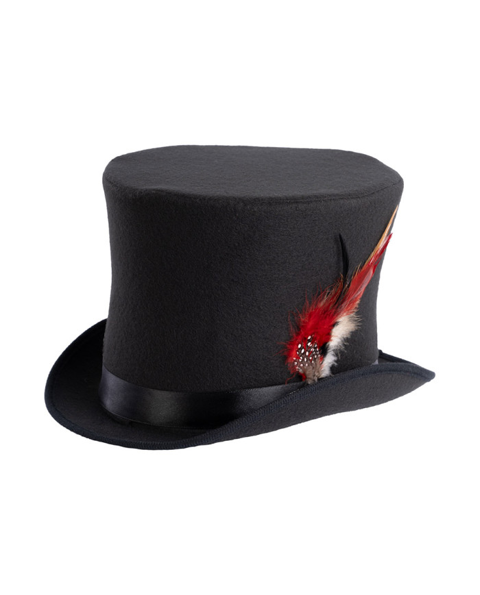 Woollen felt top hat (size.60) with feathers, h. 19 cm. with label