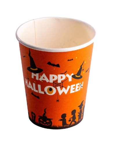 6 Papierbecher HAPPY HALLOWEEN, orange, in Schrumpfolienverpackung mit Pappschild/Etikett