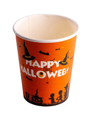 6 Papierbecher HAPPY HALLOWEEN, orange, in Schrumpfolienverpackung mit Pappschild/Etikett
