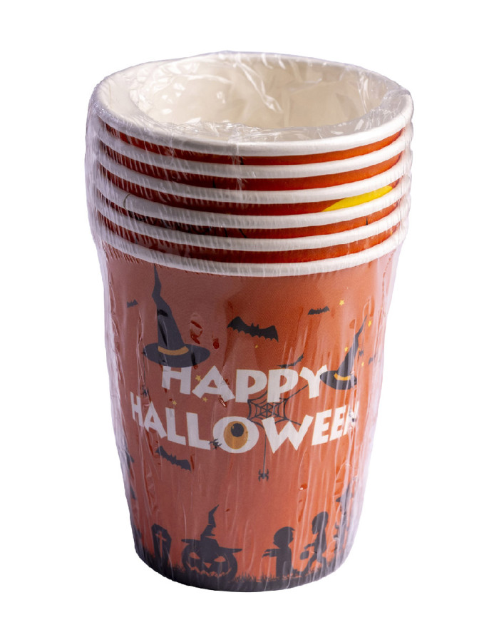 6 paper orange glasses in bag with label