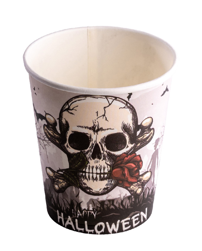 6 bicchieri in carta HAPPY HALLOWEEN teschi in termoretraibile con cartellino/etichetta