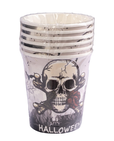 6 vasos de papel HAPPY HALLOWEEN calaveras en film retráctil con etiqueta colgante/etiqueta adhesiva