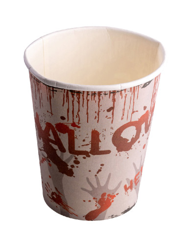 6 vasos de papel HAPPY HALLOWEEN ensangrentados en film retráctil con etiqueta colgante/etiqueta adhesiva