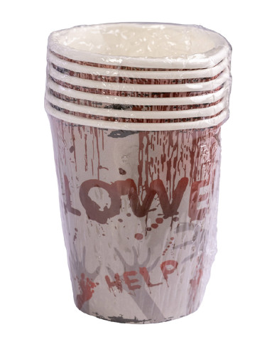 6 vasos de papel HAPPY HALLOWEEN ensangrentados en film retráctil con etiqueta colgante/etiqueta adhesiva