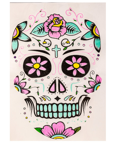 Carpeta tatuajes G.I.D. rostro calavera mexicana mujer en bolsa sobre cartoncillo