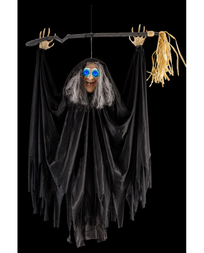 Hanging witch with broom h.cm.110 with lights, sound and movement (batteries included) with label