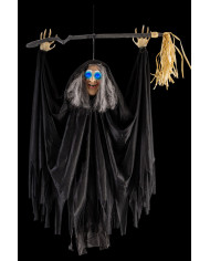 Sorcière avec balai à suspendre, h. 110 cm env. avec lumières, son et mouvement (piles comprises), avec étiquette v...