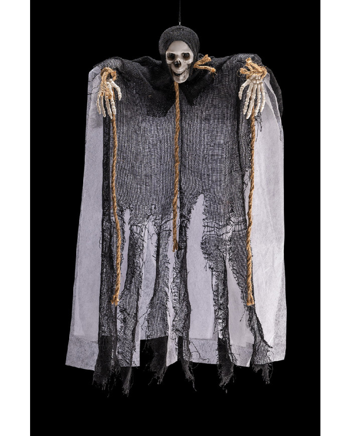 Esqueleto para colgar con cuerdas y traje negro de 70 cm de alto aprox. con etiqueta colgante/etiqueta adhesiva