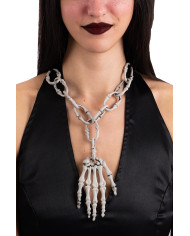 Kette mit Skeletthand und Pappschild/Etikett