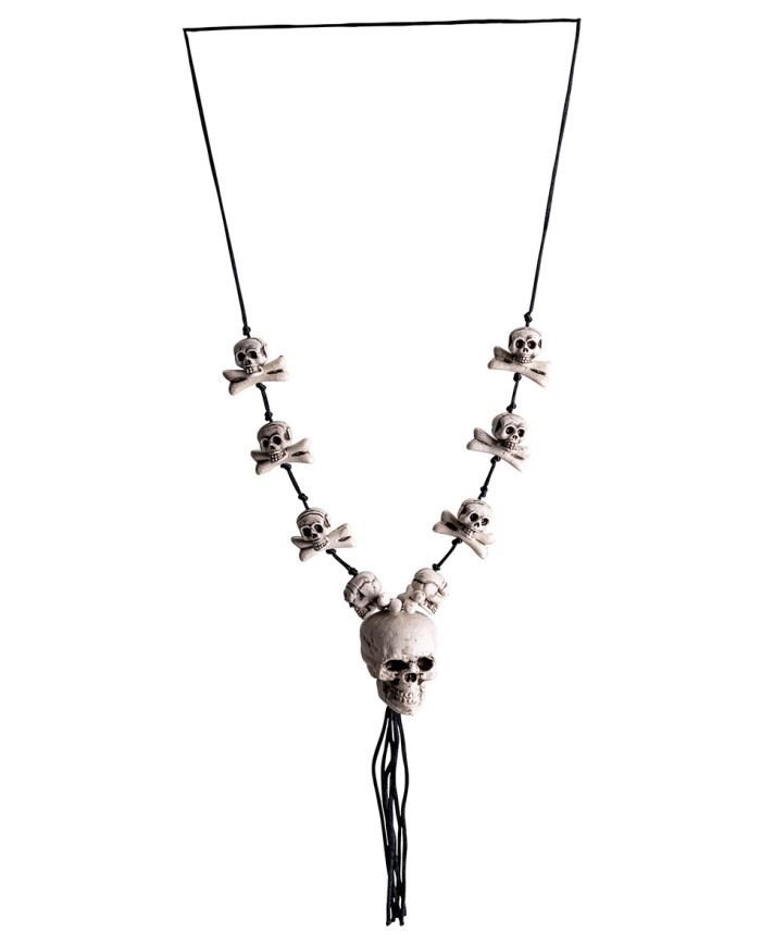 Kette mit Totenkopf, Knochen und Pappschild/Etikett